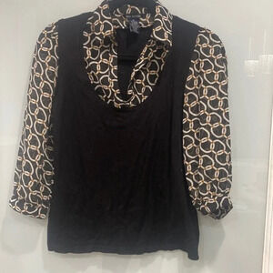 Max Edition Women's Black Print Layered Blouse Sheer Long SleeveTop Sz M